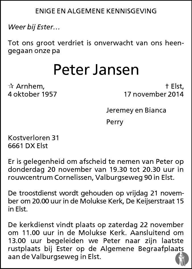 Peter Jansen 17-11-2014 overlijdensbericht en condoleances - Mensenlinq.nl