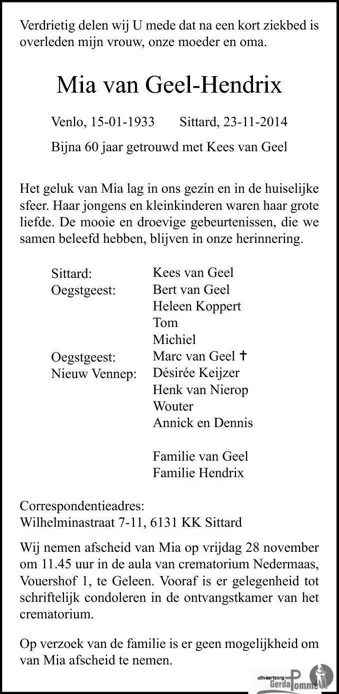 Mia van Geel - Hendrix 23-11-2014 overlijdensbericht en condoleances ...