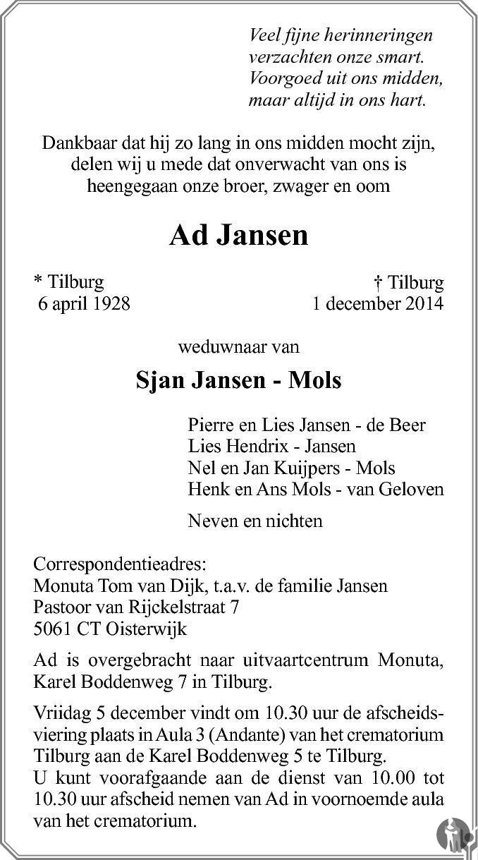 Ad Jansen 01-12-2014 overlijdensbericht en condoleances - Mensenlinq.nl