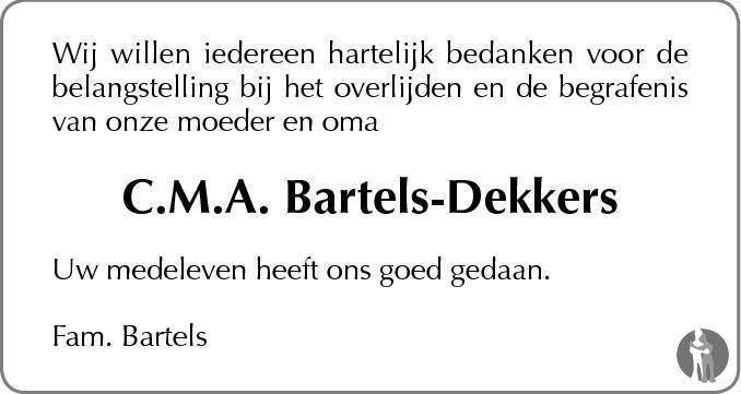Overlijdensbericht van Cornelia Maria Adriana Bartels - Dekkers in BN DeStem