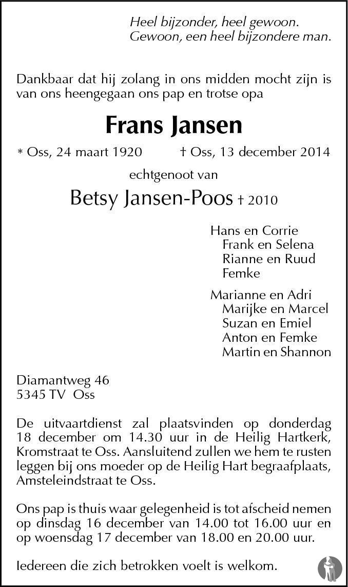 Frans Jansen 13-12-2014 Overlijdensbericht En Condoleances - Mensenlinq.nl