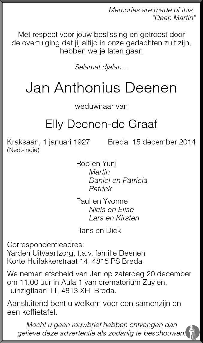 Jan Anthonius Deenen 15-12-2014 overlijdensbericht en condoleances ...