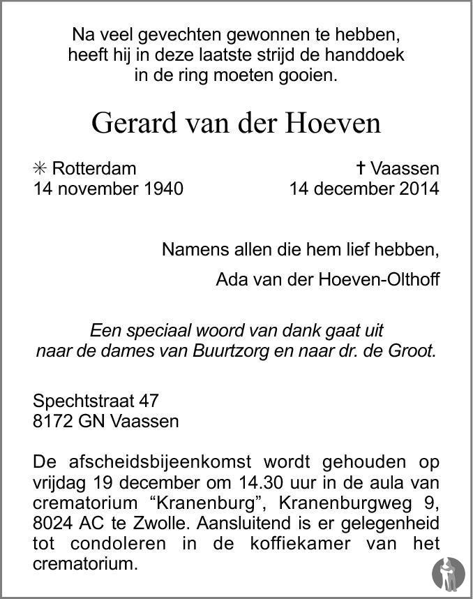 Gerard van der Hoeven 14-12-2014 overlijdensbericht en condoleances ...