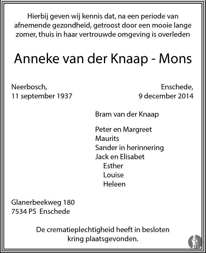 Anneke van der Knaap Mons 09122014 overlijdensbericht en condoleances Mensenlinq.nl