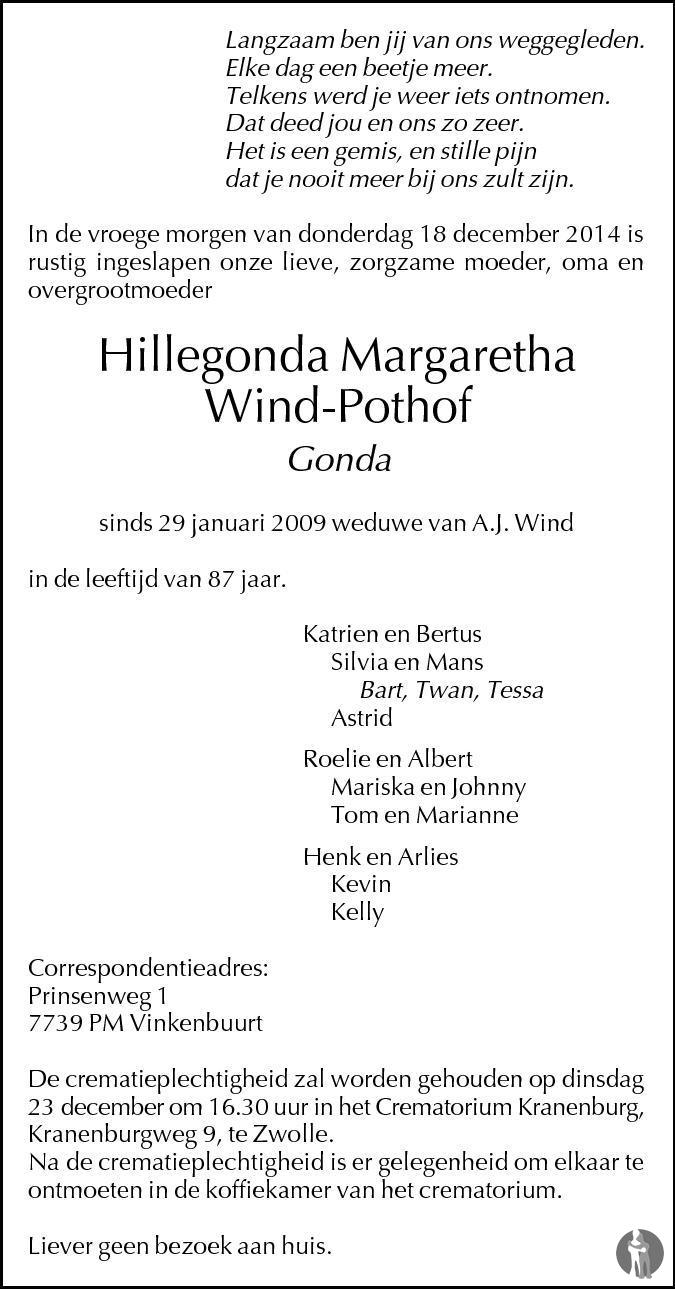 Overlijdensbericht van Hillegonda Margaretha (Gonda) Wind - Pothof in de Stentor