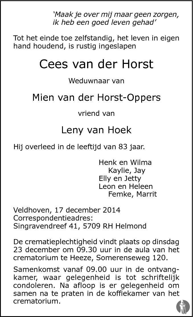 Cees van der Horst 17122014 overlijdensbericht en condoleances Mensenlinq.nl Cees van der Horst 17122014 overlijdensbericht en condoleances Mensenlinq.nl