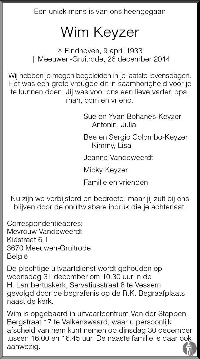 Overlijdensbericht van Wim Keyzer in Eindhovens Dagblad