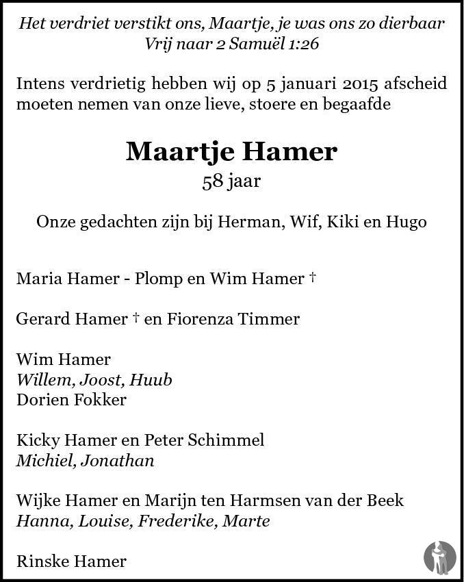 Overlijdensbericht van Maartje Jacoba  Hamer in Brabants Dagblad