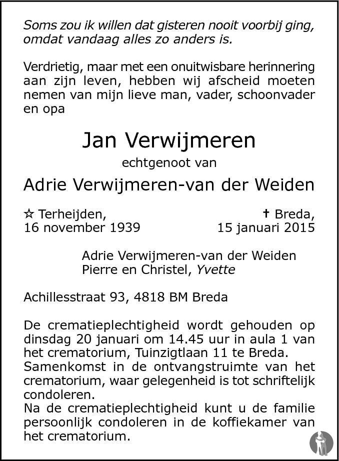 Jan Verwijmeren 15-01-2015 Overlijdensbericht En Condoleances ...