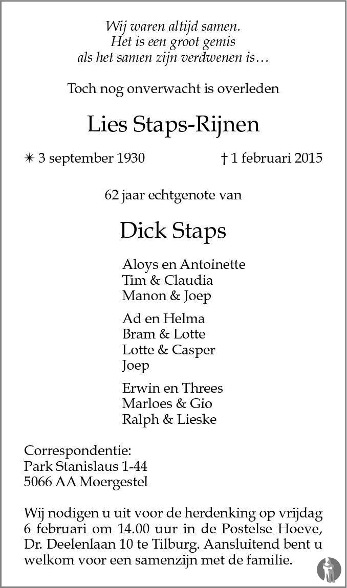 Overlijdensbericht van Lies  Staps - Rijnen in Brabants Dagblad