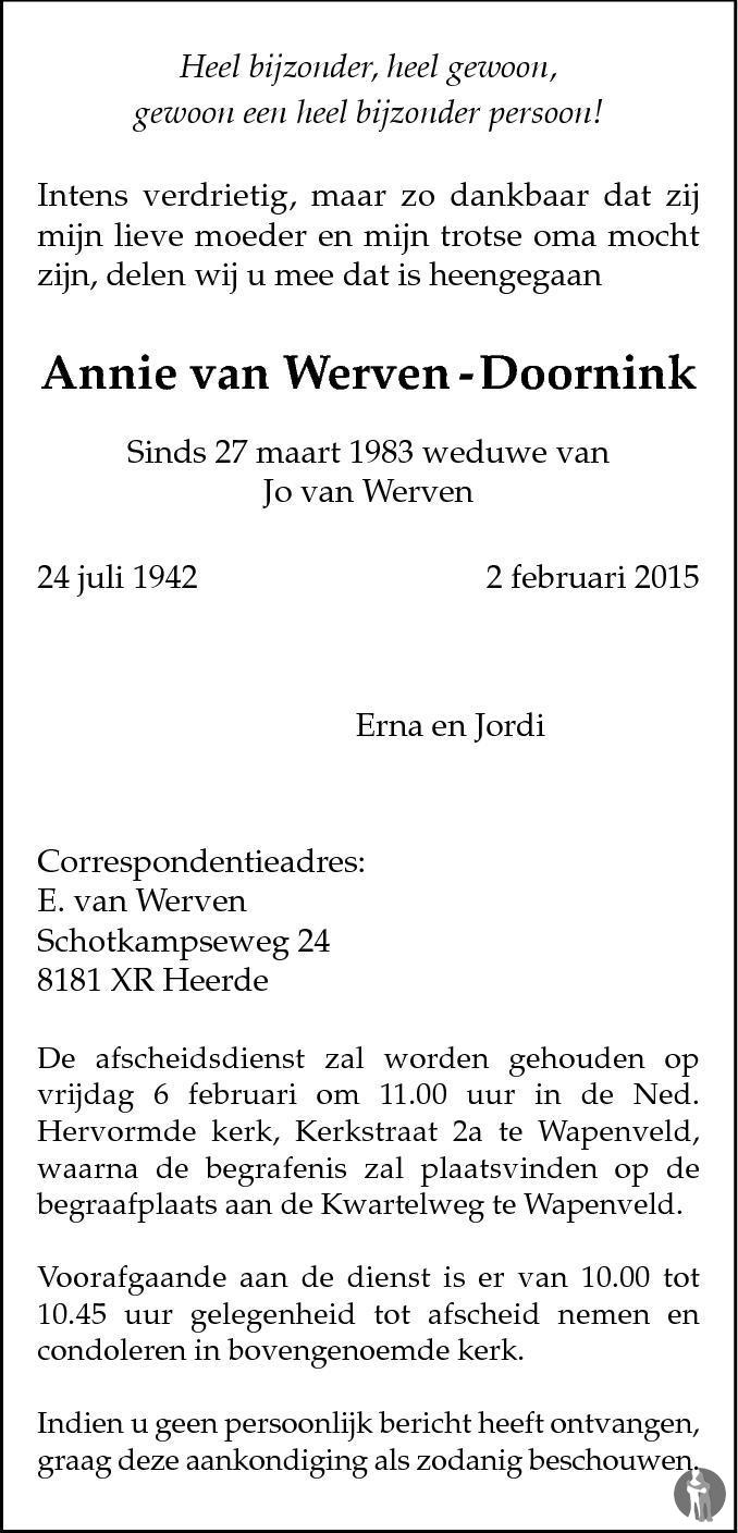 Annie van Werven Doornink 02022015 overlijdensbericht en