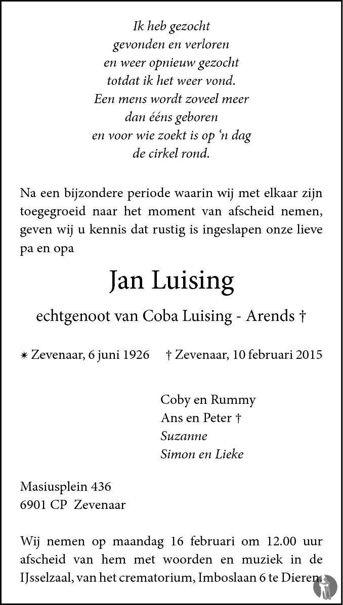 Jan Luising 10-02-2015 overlijdensbericht en condoleances - Mensenlinq.nl