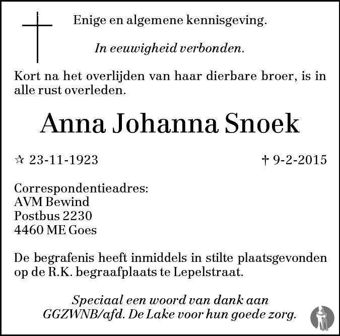 Anna Johanna Snoek 09022015 overlijdensbericht en condoleances