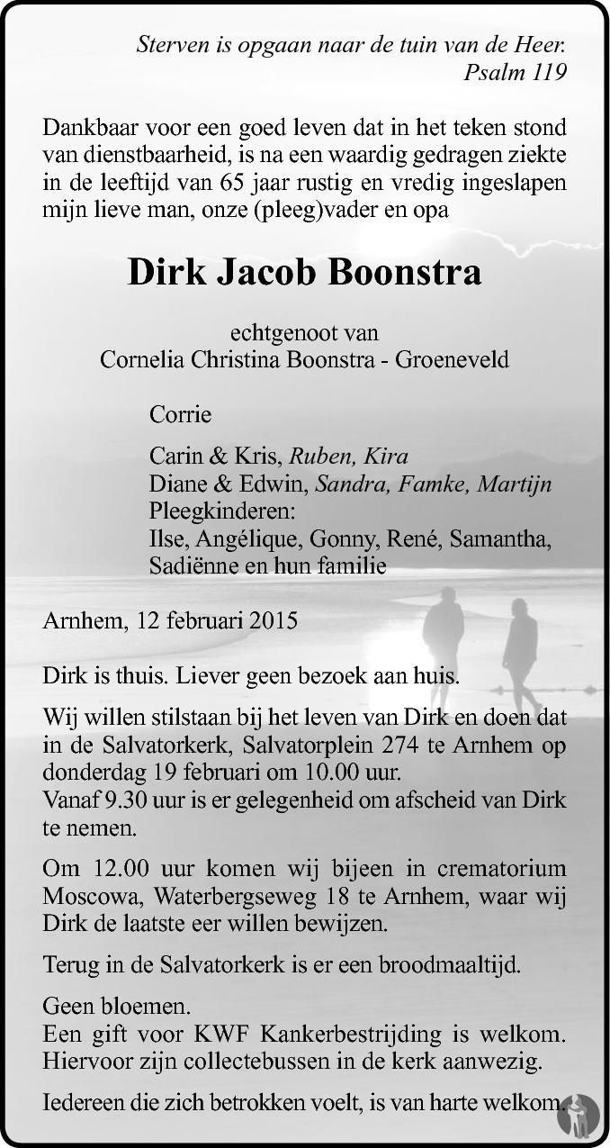 Dirk Jacob Boonstra 12022015 overlijdensbericht en condoleances