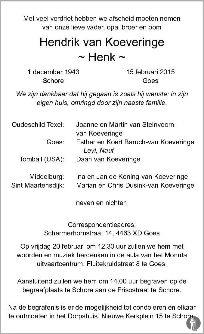 Hendrik (Henk) van Koeveringe 15-02-2015 overlijdensbericht en ...