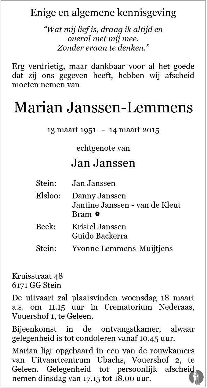 Marian Jansen - Lemmens 14-03-2015 overlijdensbericht en condoleances ...