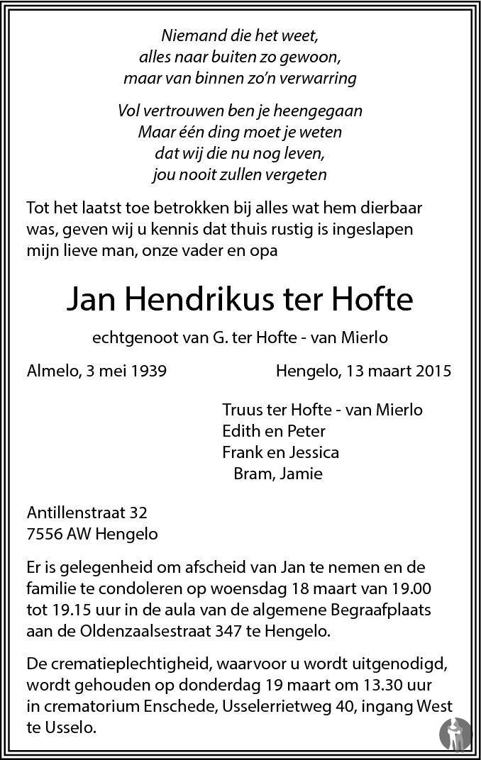 Jan Hendrikus Ter Hofte Overlijdensbericht En Condoleances My Xxx Hot Girl