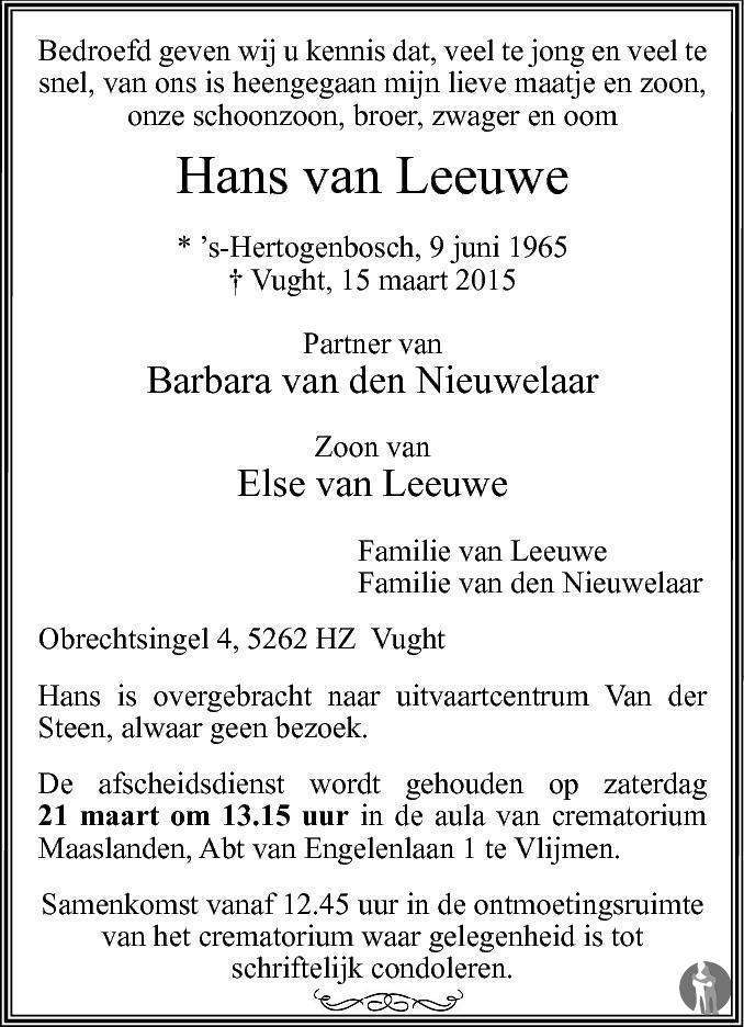 Hans van Leeuwe 15-03-2015 overlijdensbericht en condoleances ...