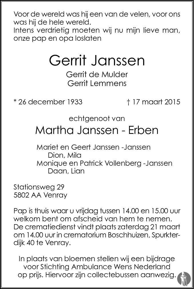 Gerrit (Gerrit de Mulder, Gerrit Lemmens) Janssen 17-03-2015 ...