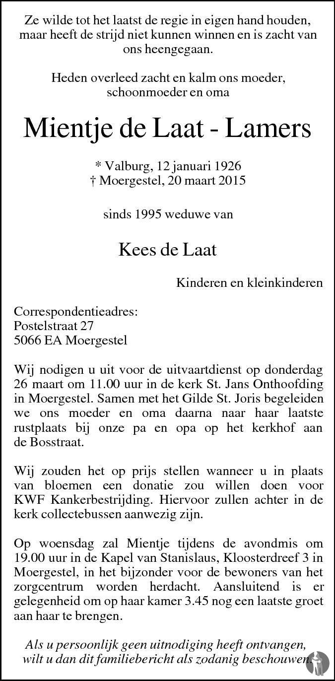Overlijdensbericht van Mientje de Laat - Lamers in Brabants Dagblad