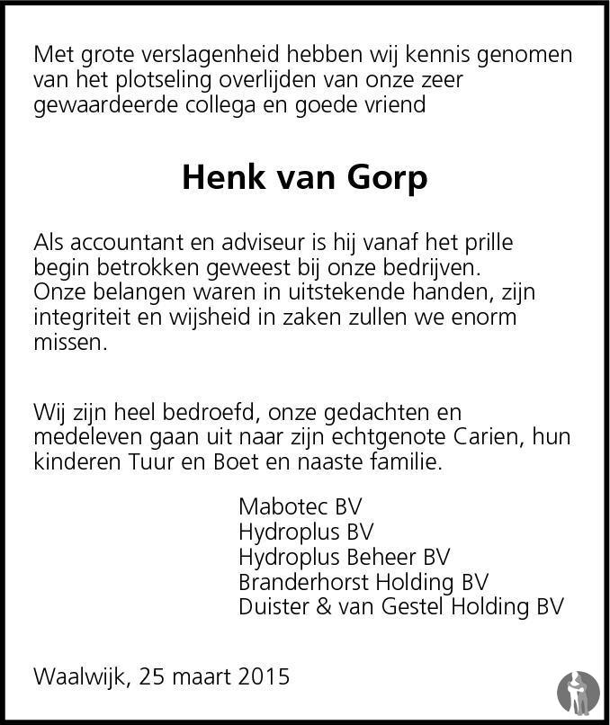 Henk van Gorp 25-03-2015 overlijdensbericht en condoleances - Mensenlinq.nl