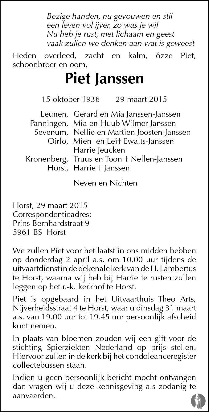 Piet Janssen 29-03-2015 overlijdensbericht en condoleances - Mensenlinq.nl