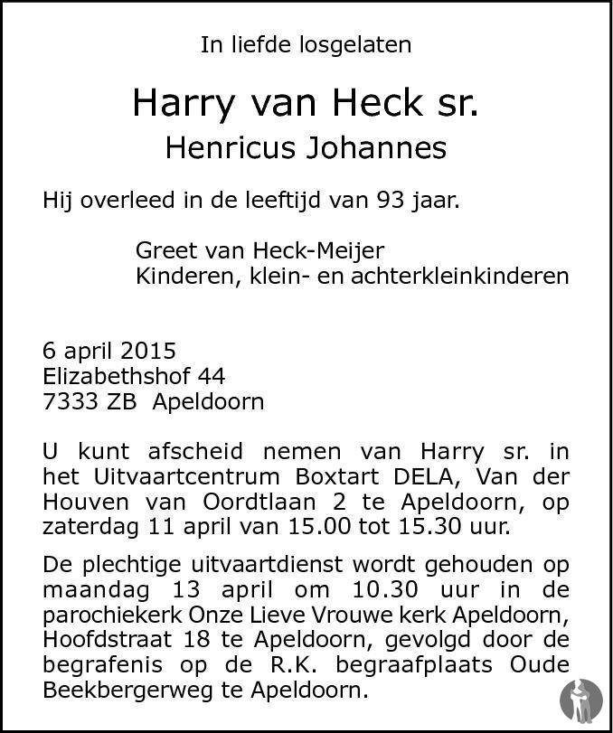 Overlijdensbericht van Henricus Johannes (Harry) van Heck in de Stentor