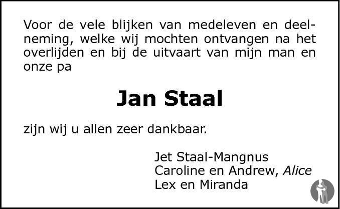 Jan Staal 25022015 overlijdensbericht en condoleances Mensenlinq.nl