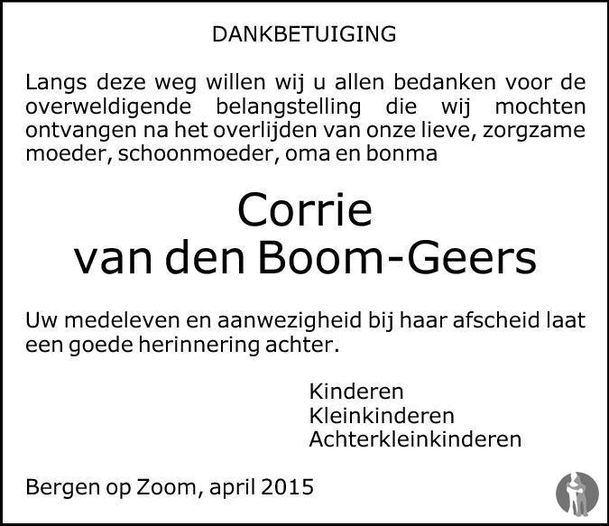 Overlijdensbericht van Corrie van den Boom - Geers in BN DeStem