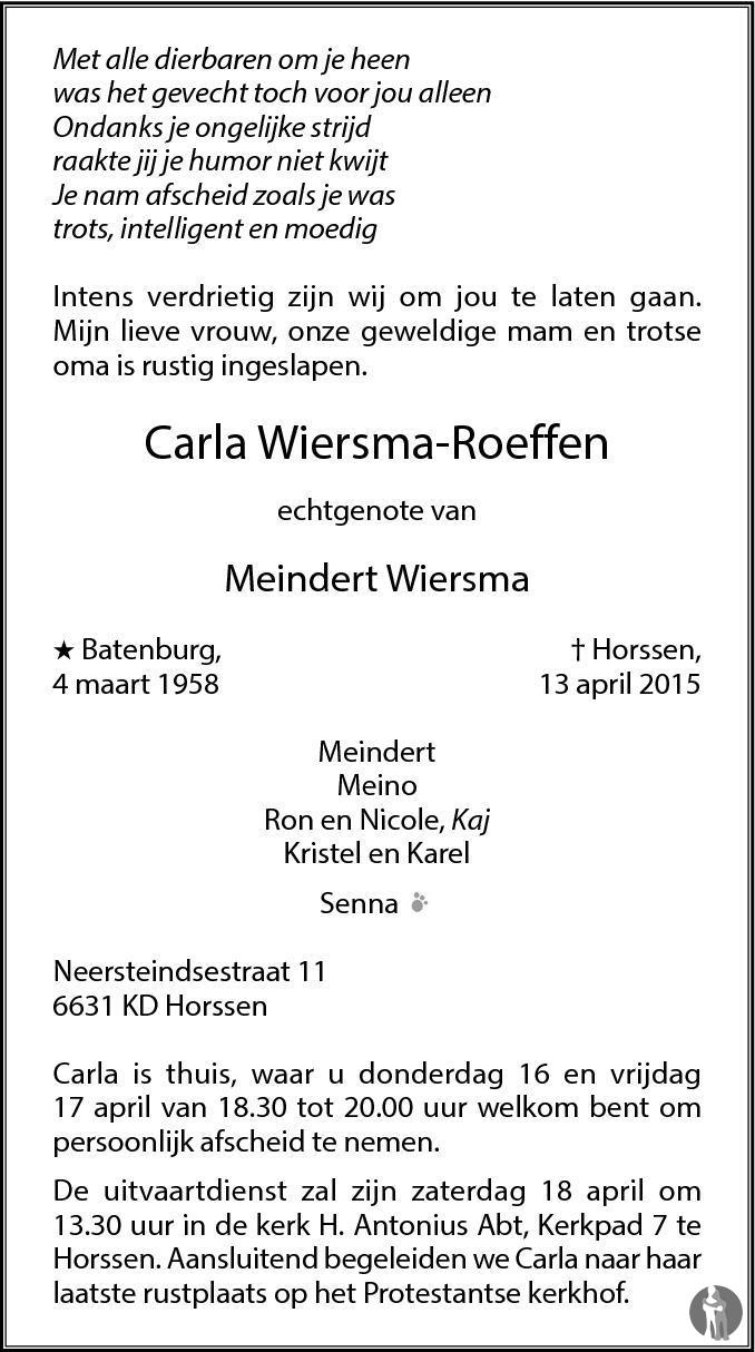 Overlijdensbericht van Carla Wiersma - Roeffen in de Gelderlander