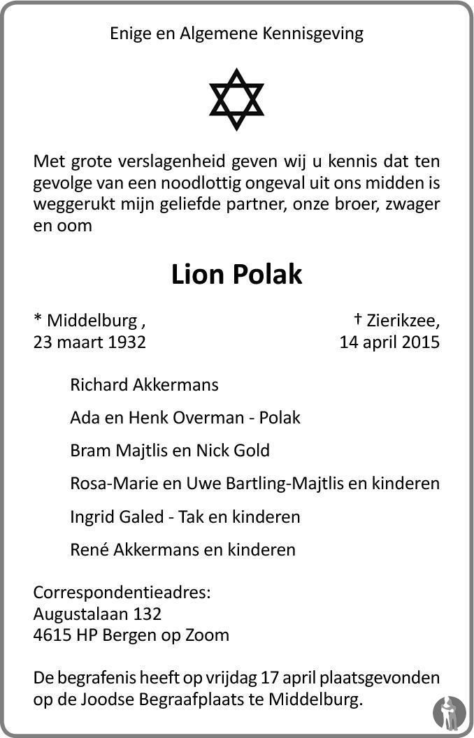 Overlijdensbericht van Lion  Polak in PZC Provinciale Zeeuwse Courant