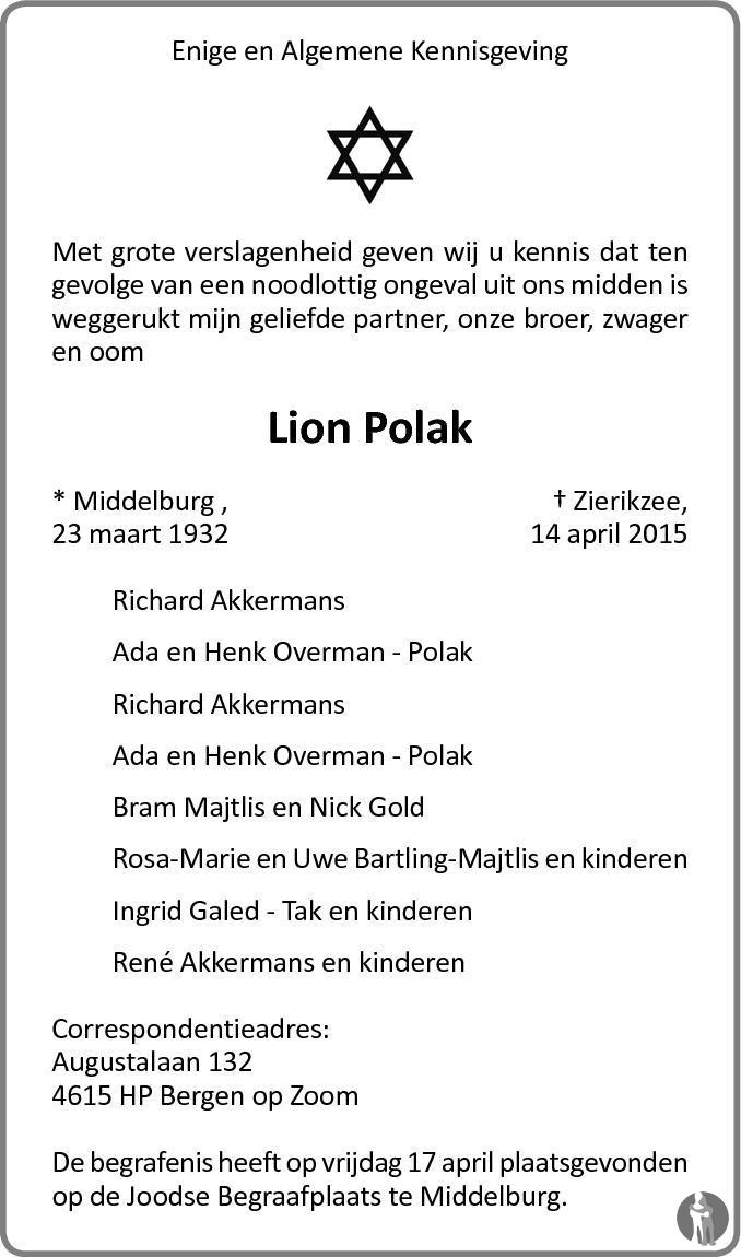 Overlijdensbericht van Lion  Polak in BN DeStem