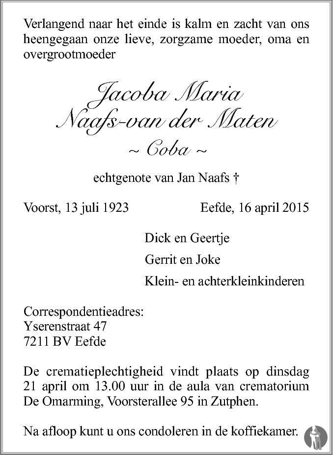 Jacoba Maria (Coba) Naafs van der Maten 16042015 overlijdensbericht