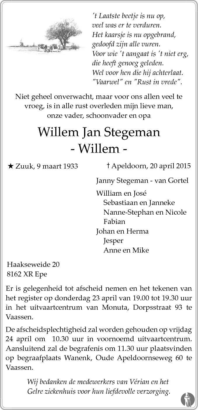 Willem Jan (Willem) Stegeman 20-04-2015 overlijdensbericht en ...