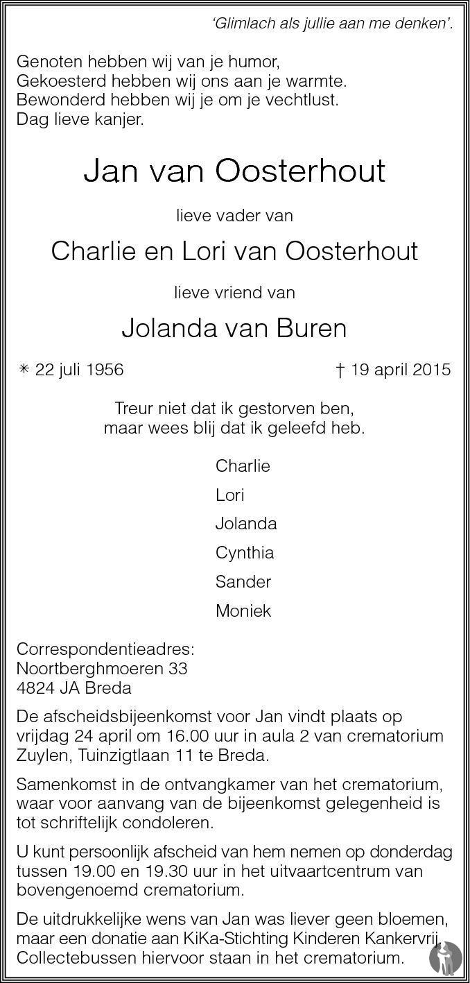 Jan van Oosterhout 19-04-2015 overlijdensbericht en condoleances ...