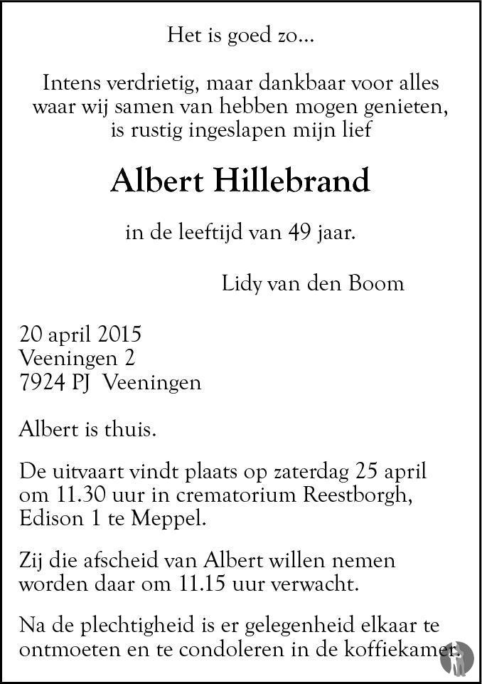 Overlijdensbericht van Albert Hillebrand in de Stentor