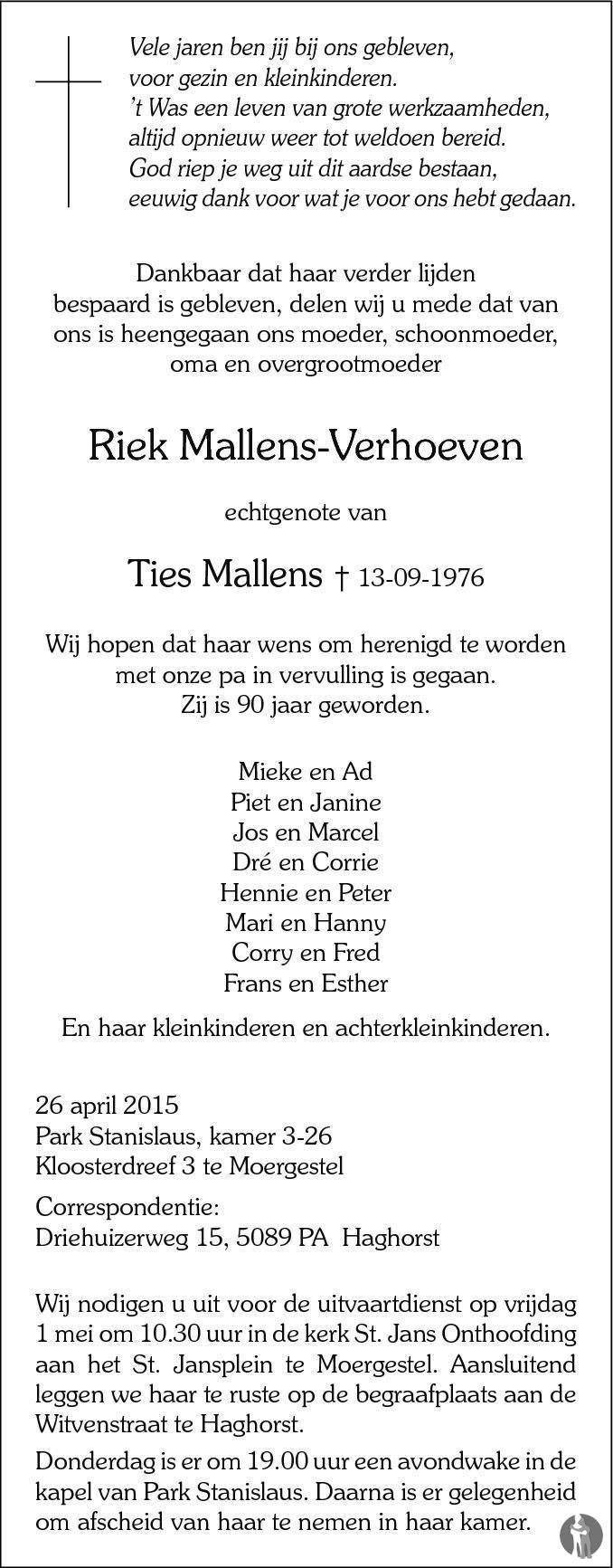 Overlijdensbericht van Riek  Mallens - Verhoeven in Brabants Dagblad