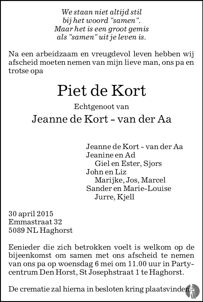 Piet de Kort 30-04-2015 overlijdensbericht en condoleances - Mensenlinq.nl