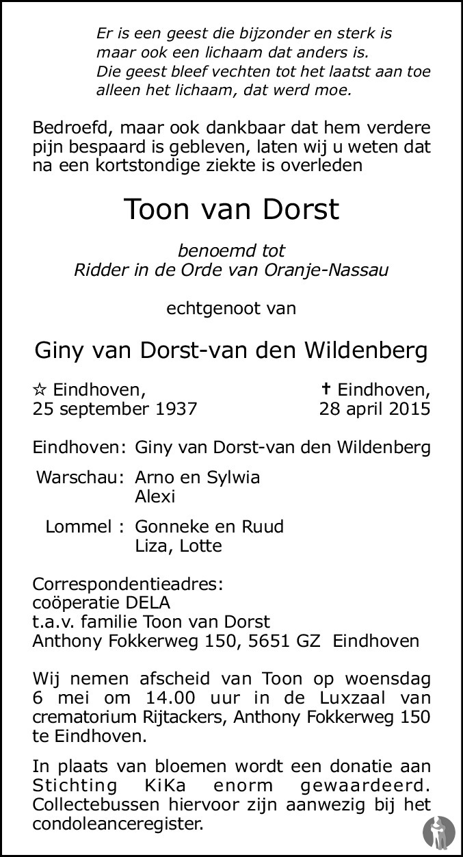 Toon van Dorst 28042015 overlijdensbericht en condoleances