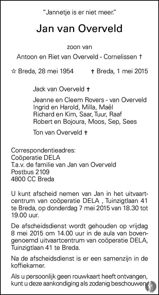 Jan van Overveld 01-05-2015 overlijdensbericht en condoleances ...