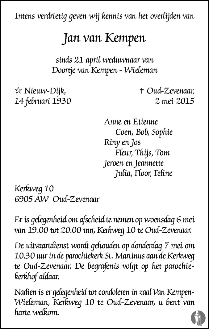 Jan van Kempen 02-05-2015 overlijdensbericht en condoleances ...