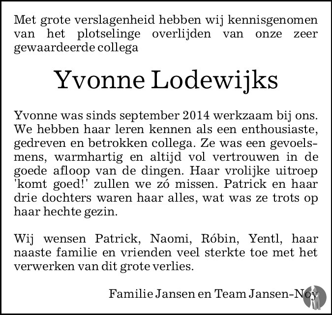 Overlijdensbericht van Yvonne  Lodewijks in Eindhovens Dagblad