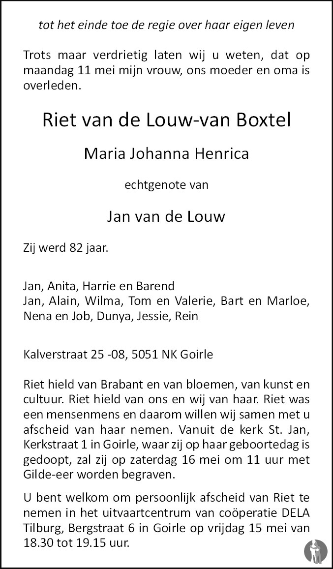 Overlijdensbericht van Maria Johanna Henrica (Riet) van de Louw - van Boxtel in Brabants Dagblad