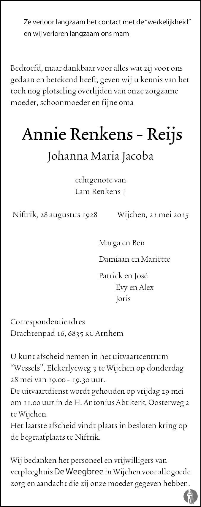 Overlijdensbericht van Johanna Maria Jacoba (Annie) Renkens - Reijs in de Gelderlander