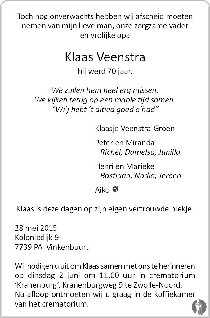 Overlijdensbericht van Klaas Veenstra in de Stentor