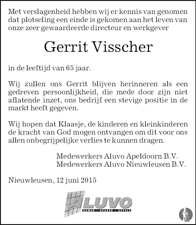 Gerrit Visscher 12062015 overlijdensbericht en condoleances
