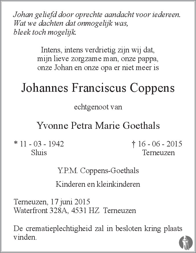 Johannes Franciscus (Johan) Coppens 16-06-2015 overlijdensbericht en ...