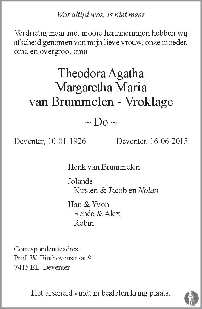 Overlijdensbericht van Theodora Agatha Margaretha Maria (Do) van Brummelen - Vroklage in de Stentor
