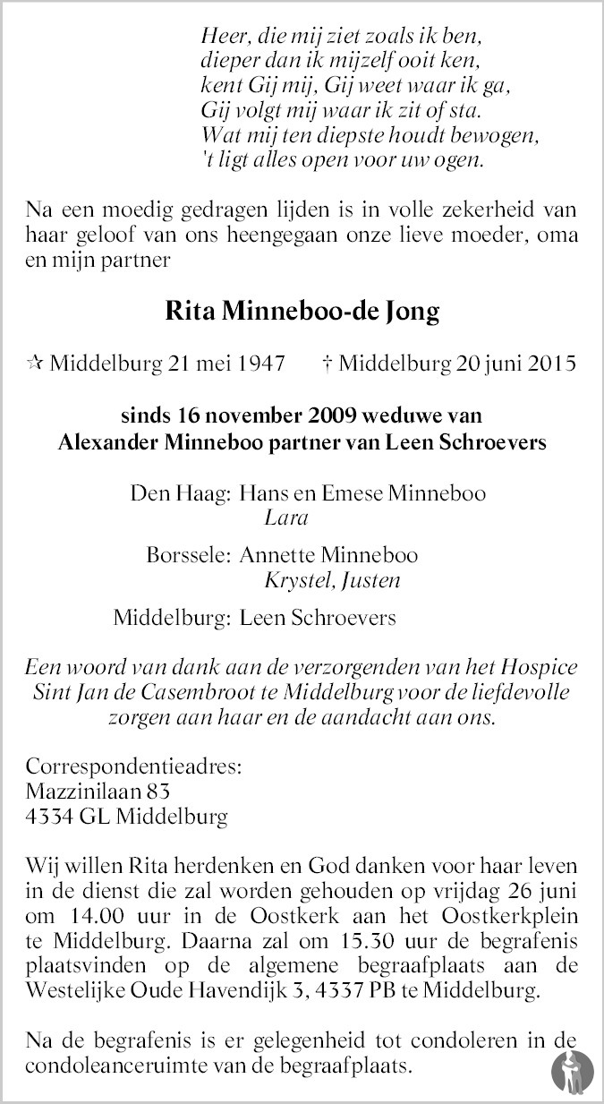 Rita Minneboo de Jong 20062015 overlijdensbericht en condoleances