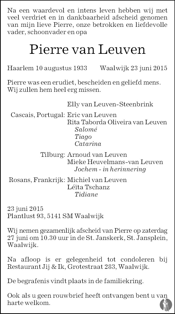 Pierre van Leuven 23-06-2015 overlijdensbericht en condoleances ...